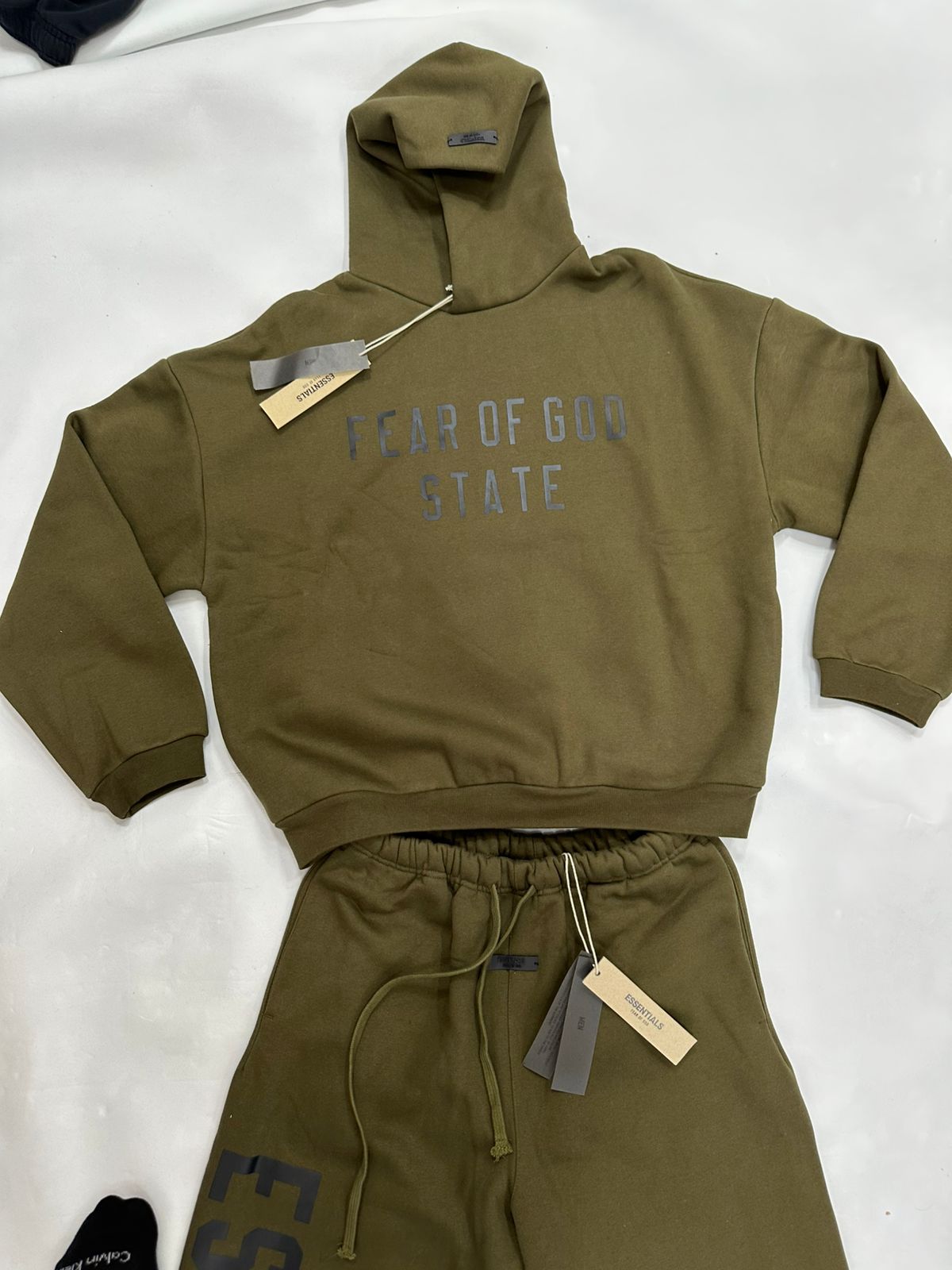 Fear of God State Essentials Hoodie - Army Green - Black Print