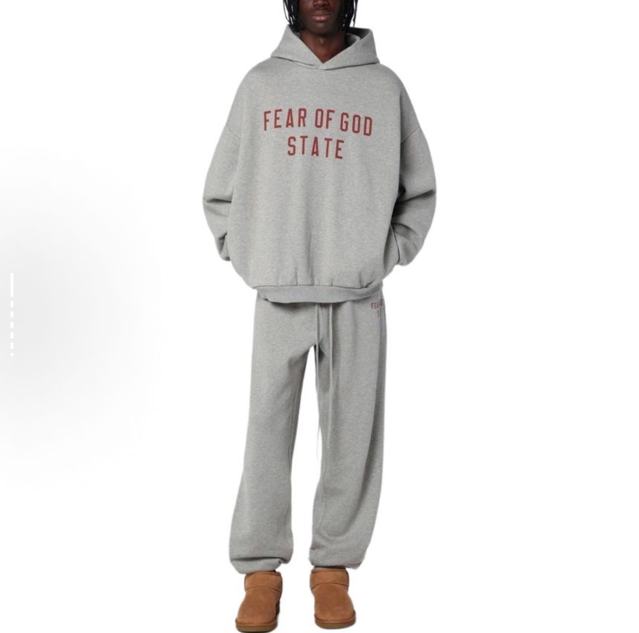 Fear of God State Essentials Hoodie - Heather Grey - Red Print