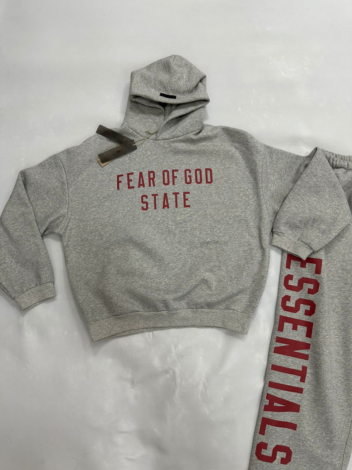 Fear of God State Essentials Hoodie - Heather Grey - Red Print
