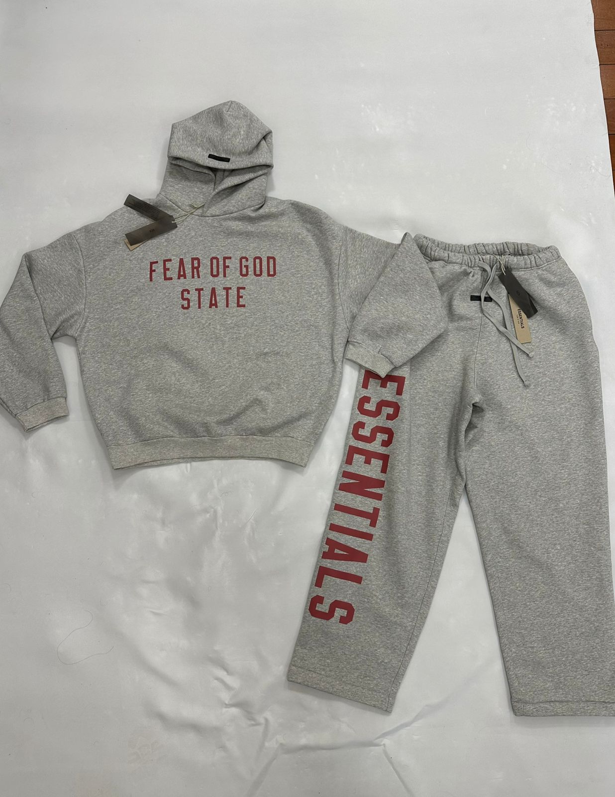 Fear of God State Essentials Hoodie - Heather Grey - Red Print