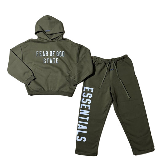 Fear of God State Essentials Sweat Suit - Army Green White Print