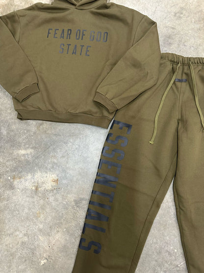 Fear of God State Essentials Sweat Suit - Army Green Black Print